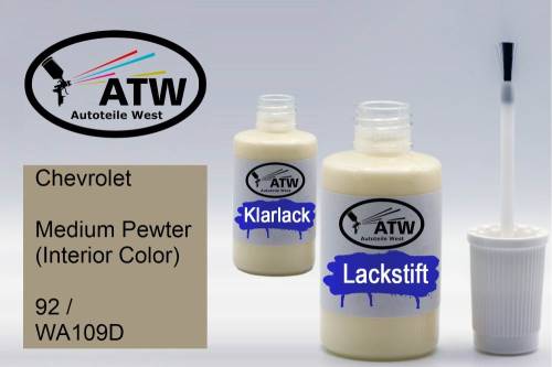 Chevrolet, Medium Pewter (Interior Color), 92 / WA109D: 20ml Lackstift + 20ml Klarlack - Set, von ATW Autoteile West.